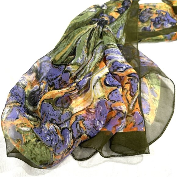 VTG Vincent Van Gogh Silk Scarf Irises Purple Orange Green Lightweight 60x20” - Picture 5 of 8